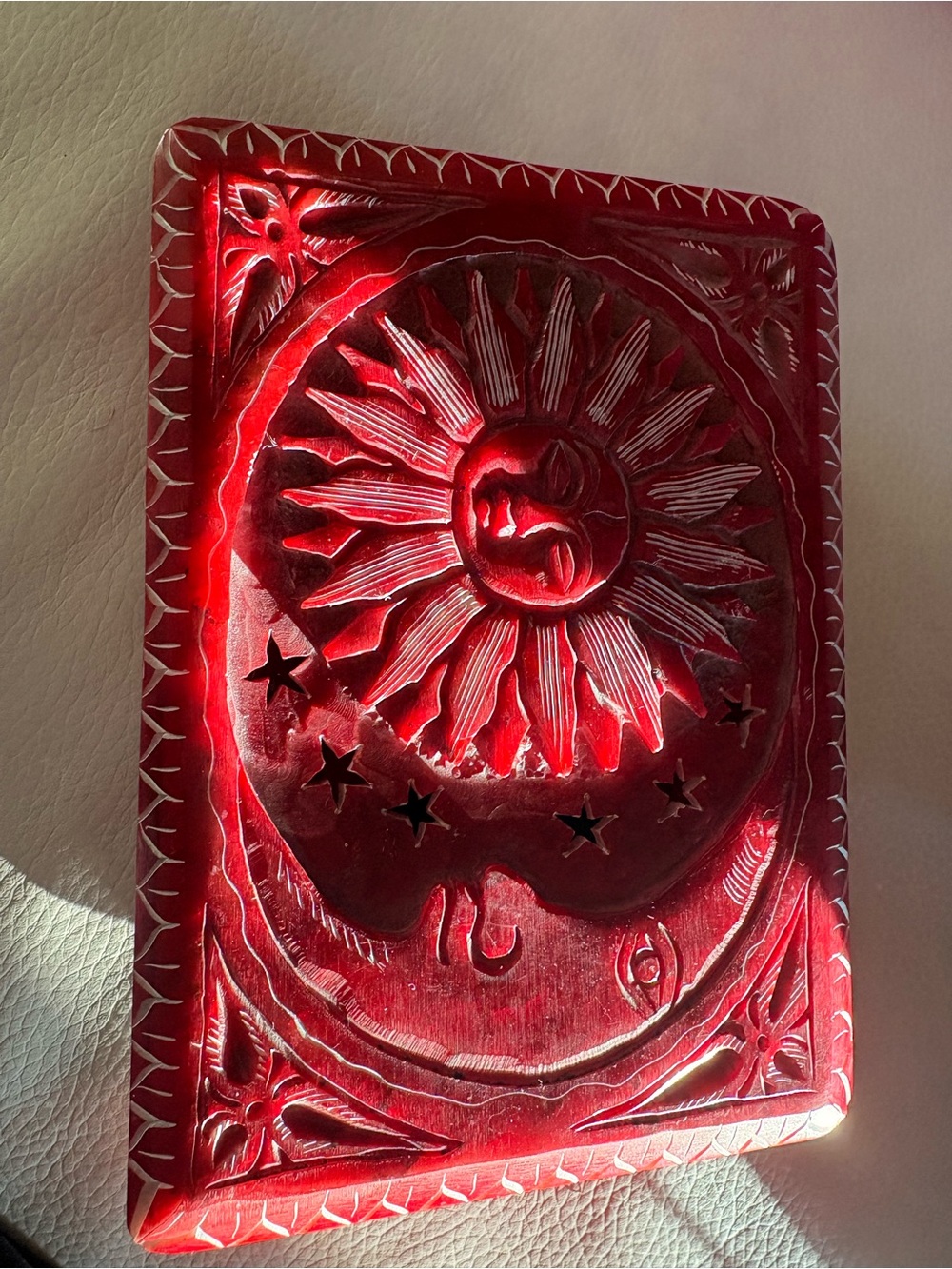 Hand-Carved Red Sun & Moon Jewelry Box Art - Decorative Stone Panel